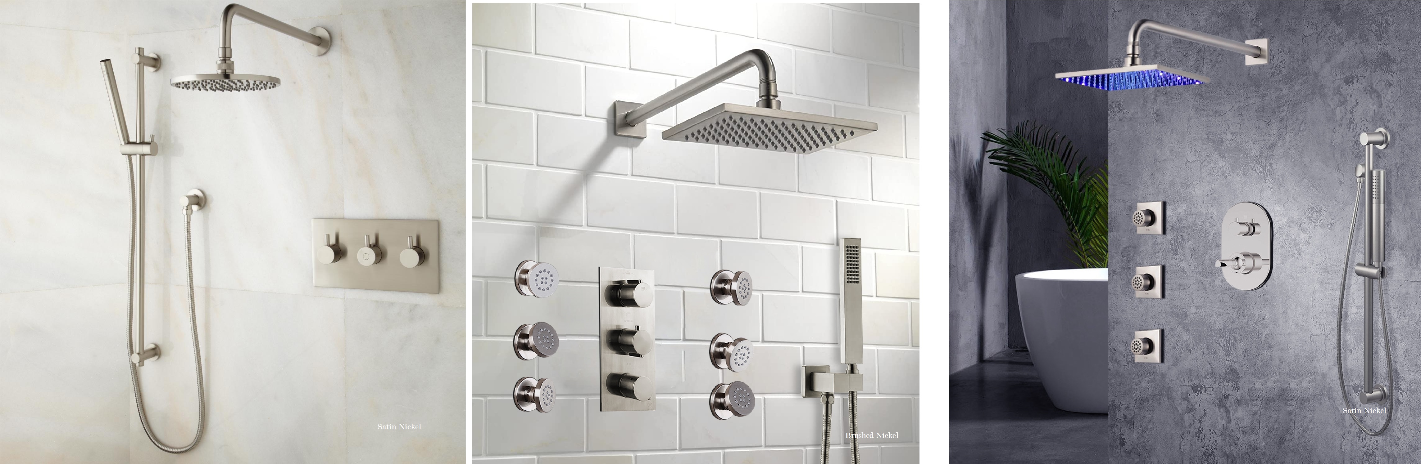 satin and brushed nickel showers